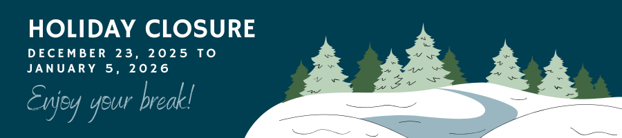 Winter landscape with snow-covered hills, evergreen trees, and holiday closure dates in white text. The library is closed from December 23, 2025 to January 5, 2026.